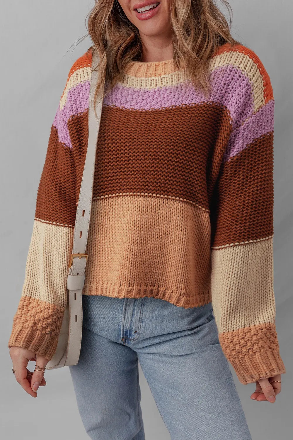 Colorblock Striped Round Neck Sweater Multicolor - Fashorio