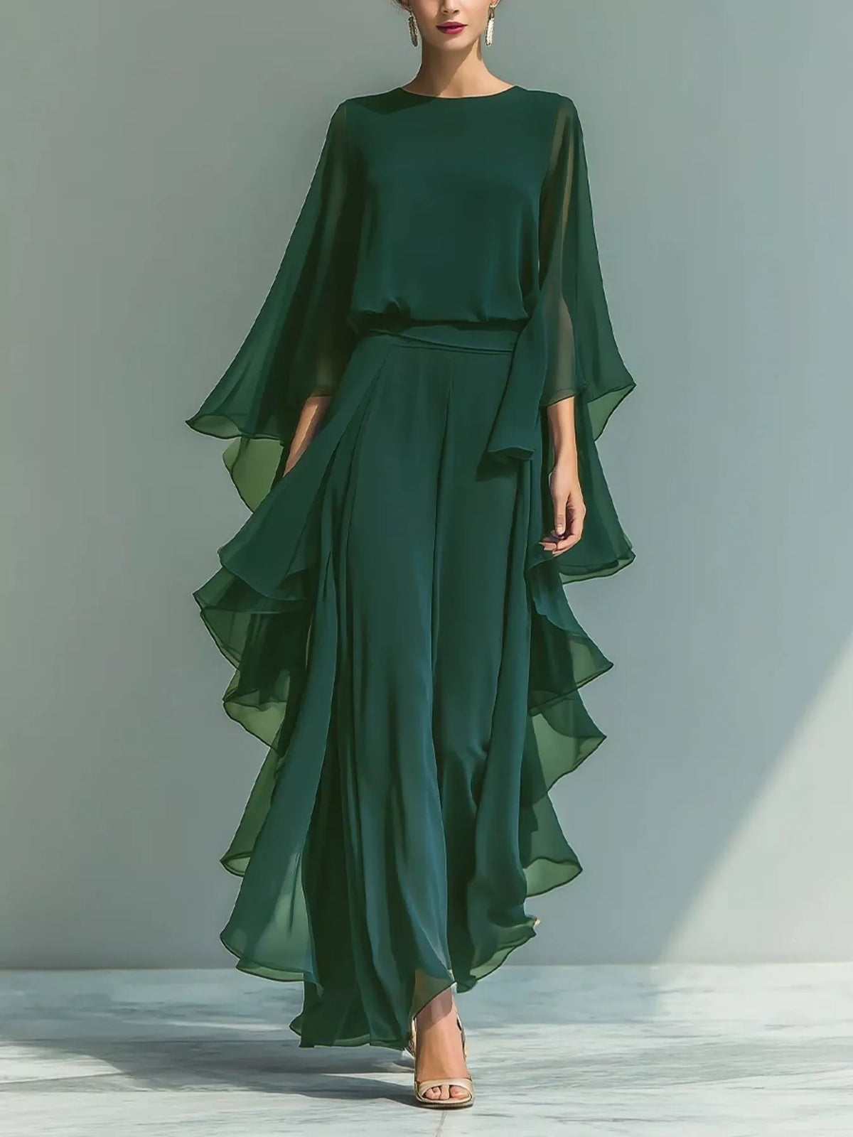 Sheer ruffle top and flowing pants matching set