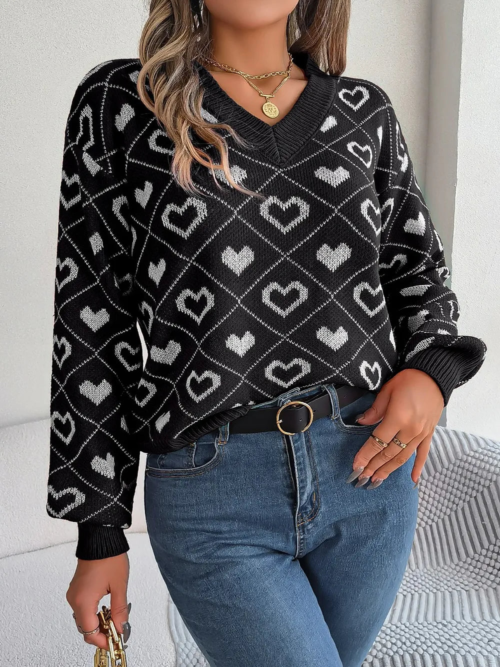 Heart Pattern V-Neck Long Sleeve Sweater - Fashorio