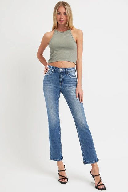 RISEN Full Size Mid Rise Ankle Straight Jeans with Pockets - Fashorio
