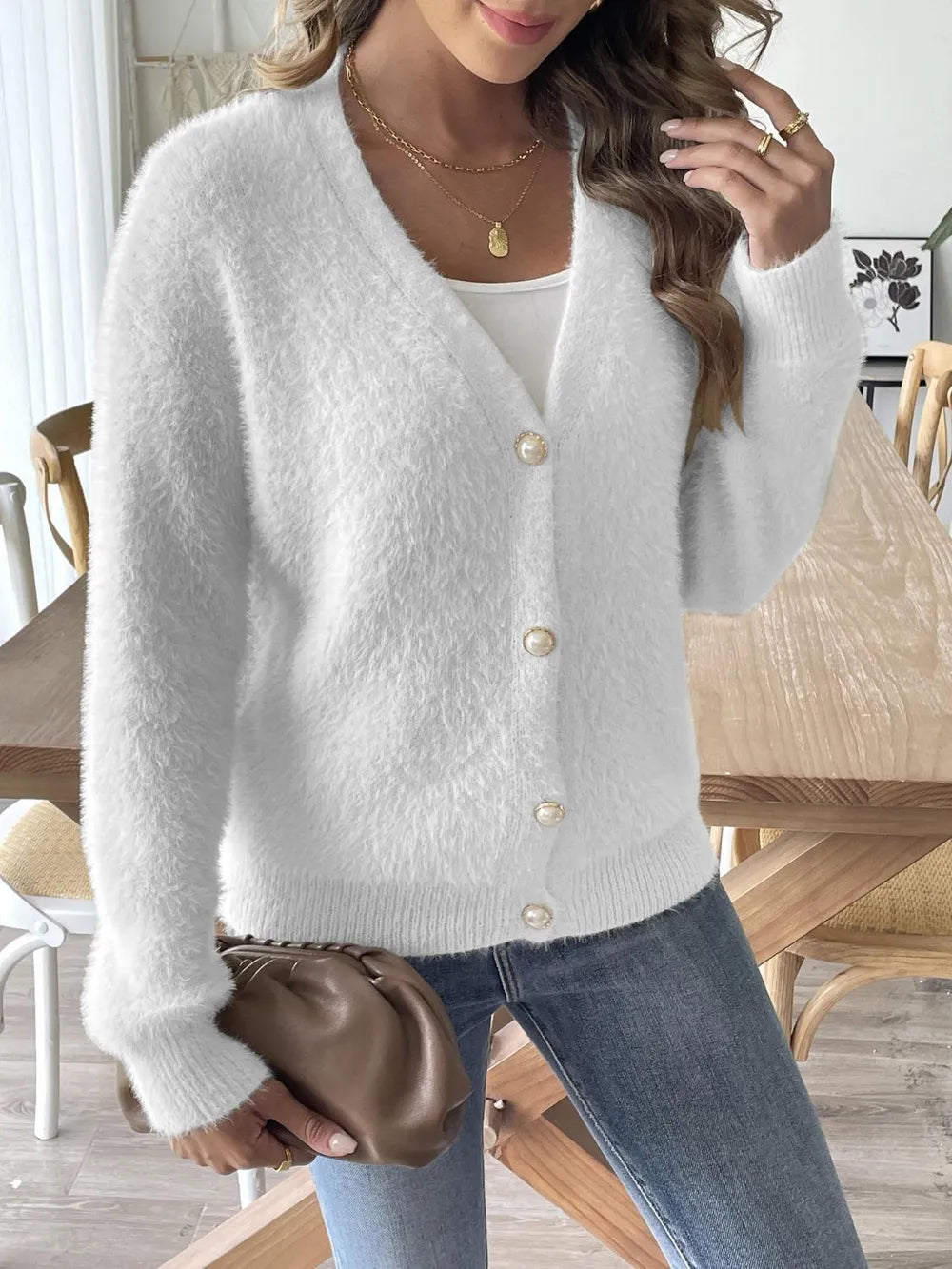 Button Up V-Neck Long Sleeve Cardigan - Fashorio