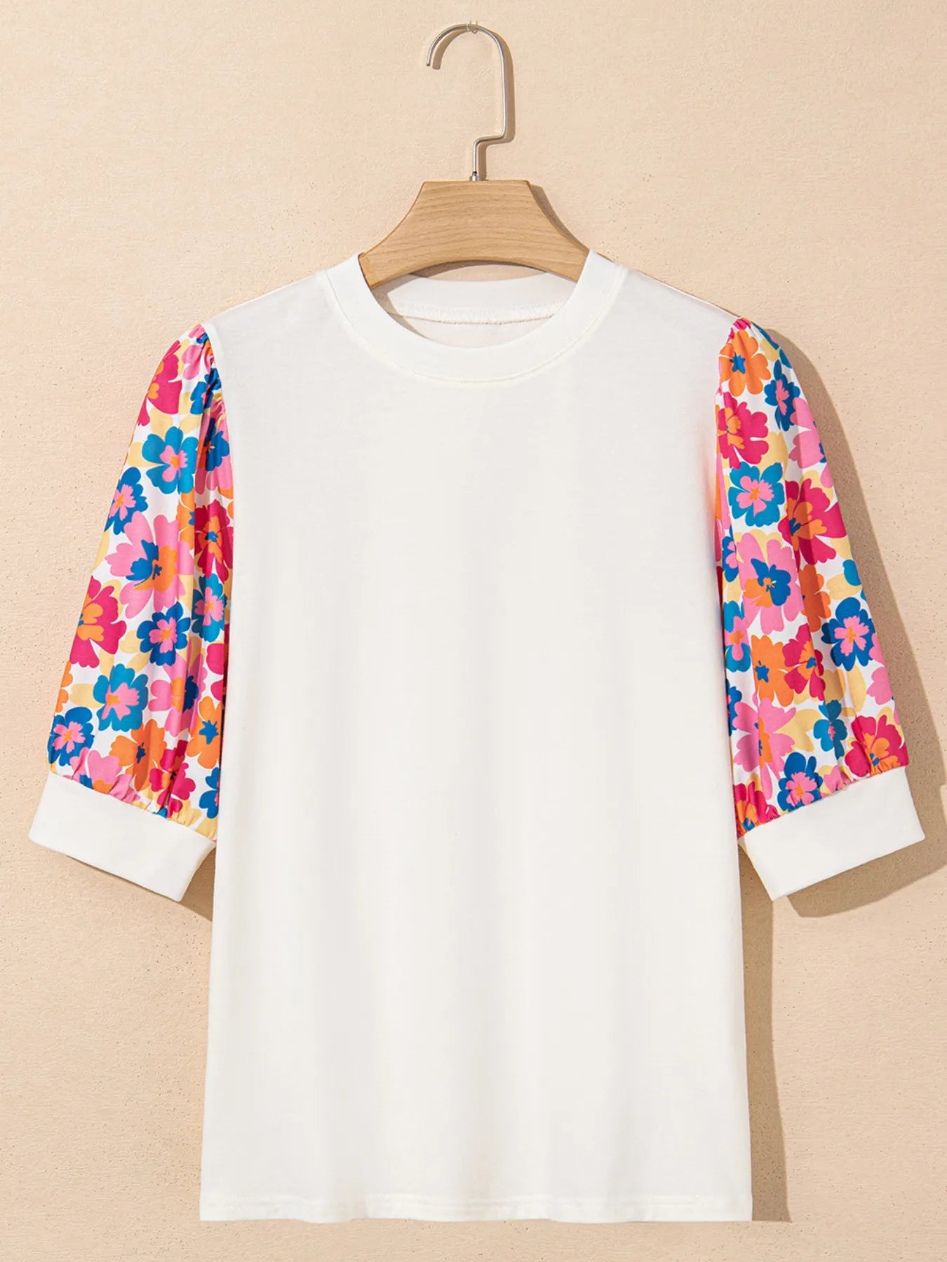 Floral Puff Sleeve Round Neck T-Shirt - Fashorio