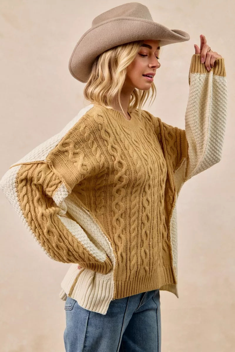 Cable Knit Uneven Hem Sweater in Mustard and Ivory close up