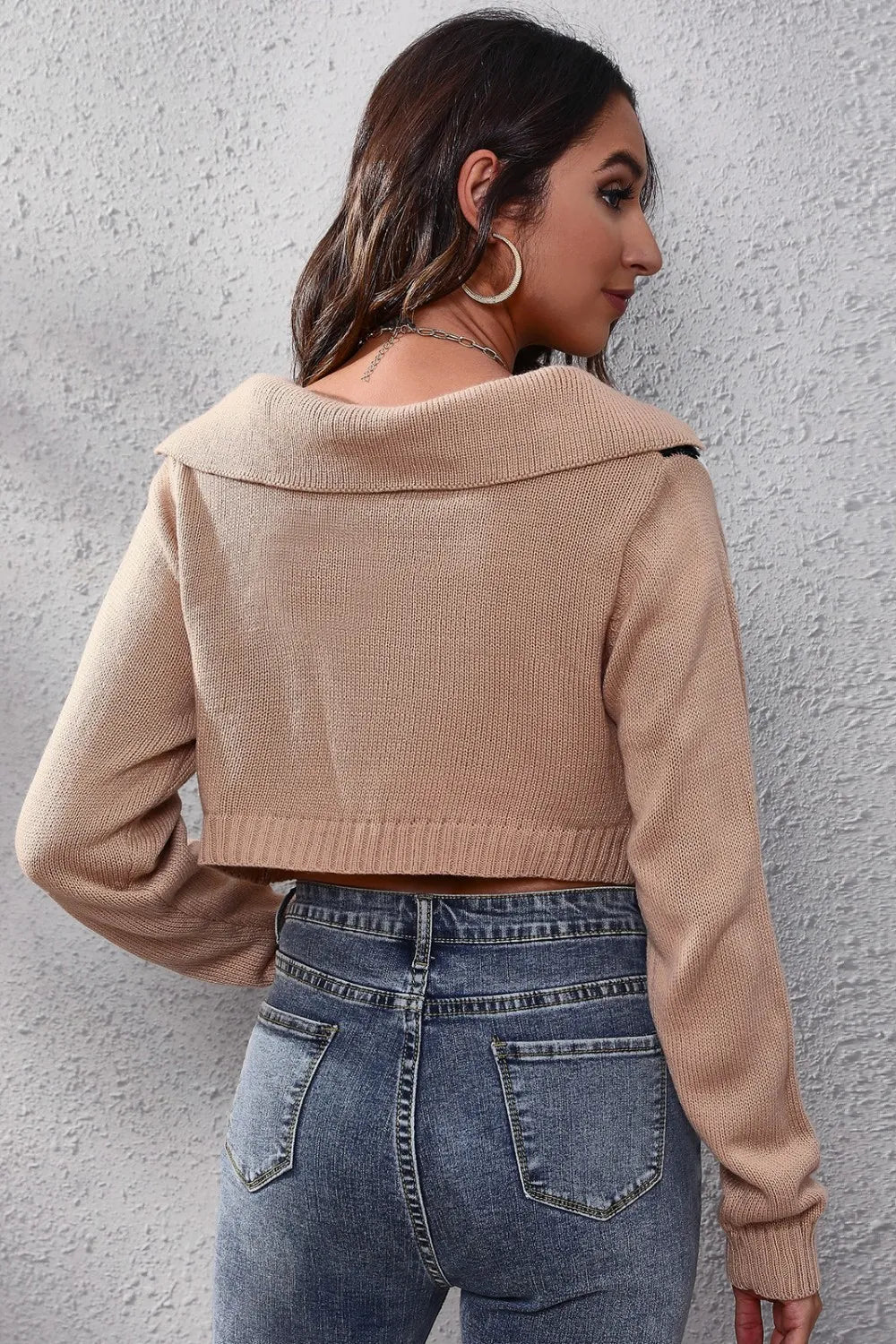 Geometric Long Sleeve Cropped Sweater - Fashorio