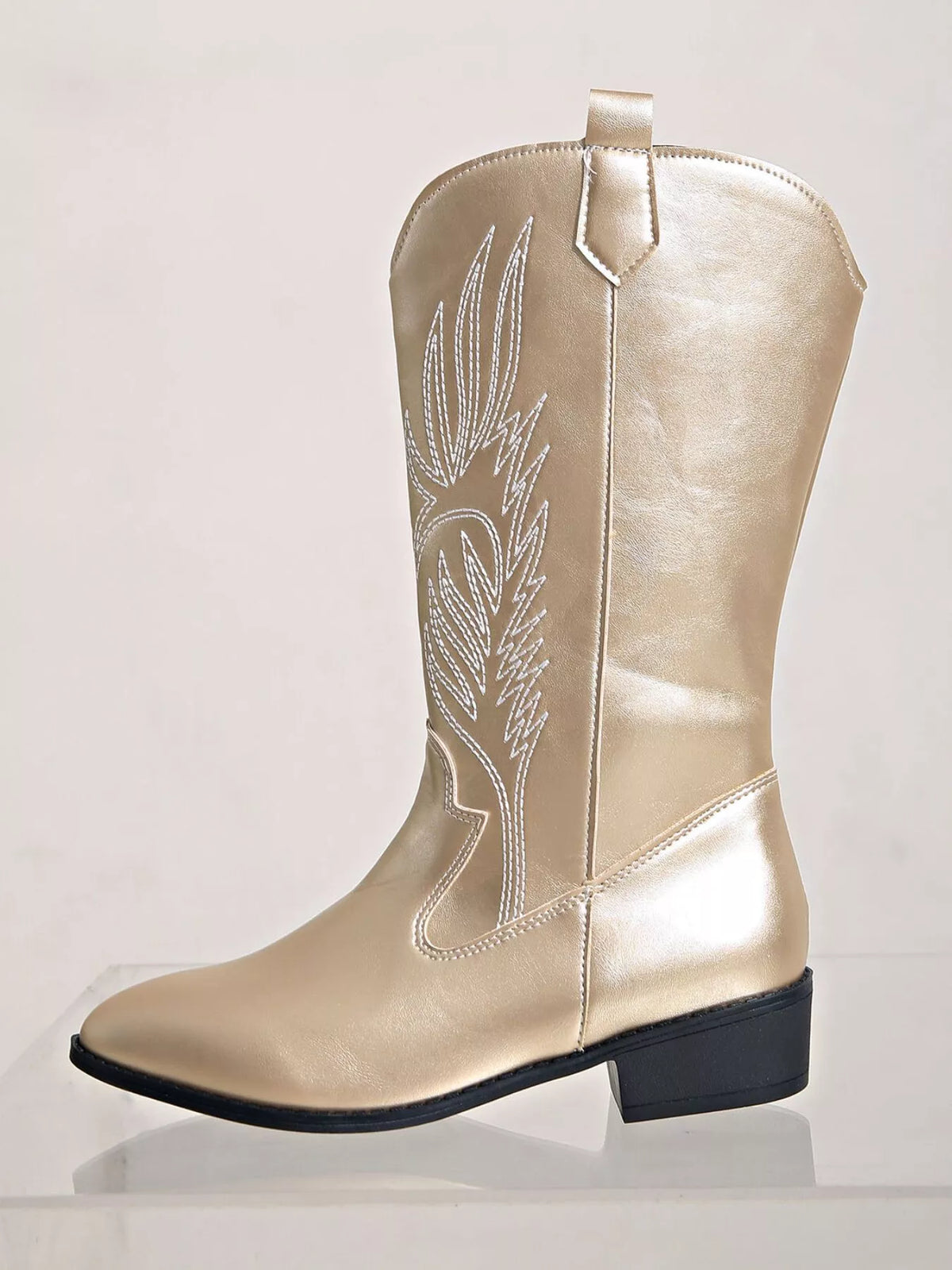 embroidered block heel boots front view