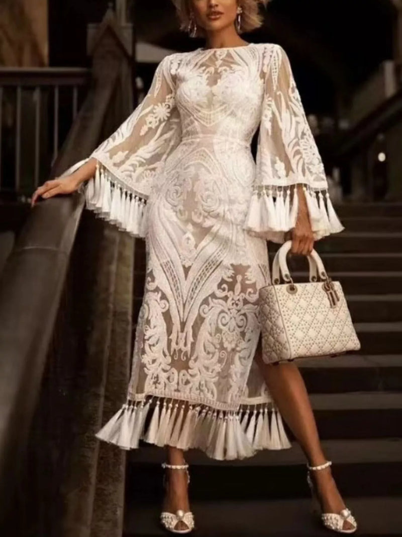 White lace flare sleeve dress front view