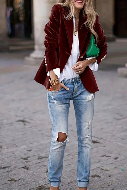 One Button Lapel Collar Long Sleeve Blazer - Fashorio