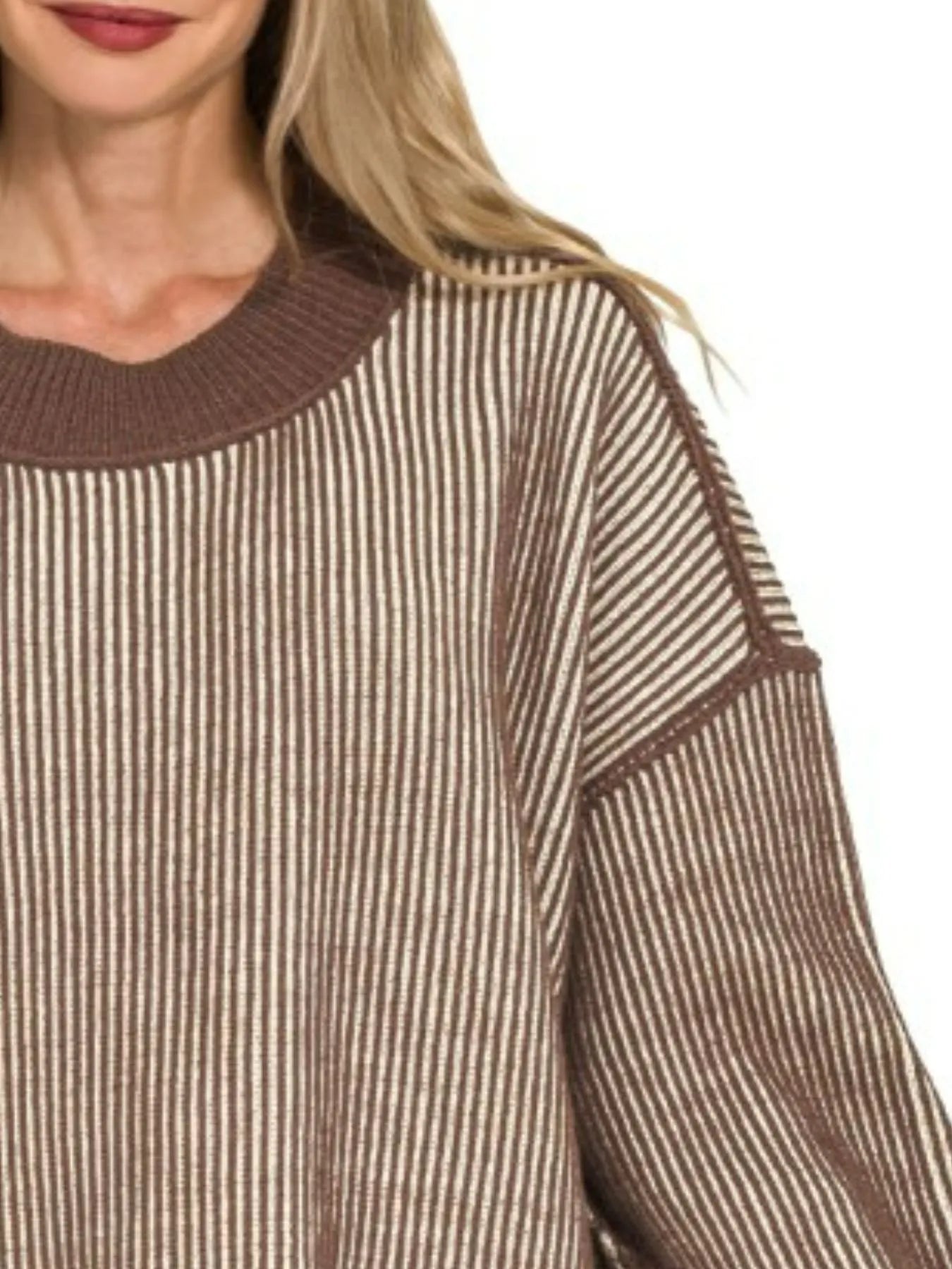 Zenana Exposed Seam Two Tone Ribbed Sweater - Fashorio