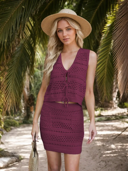 Openwork V-Neck Top and Skirt Knit Cover Up Set - Fashorio