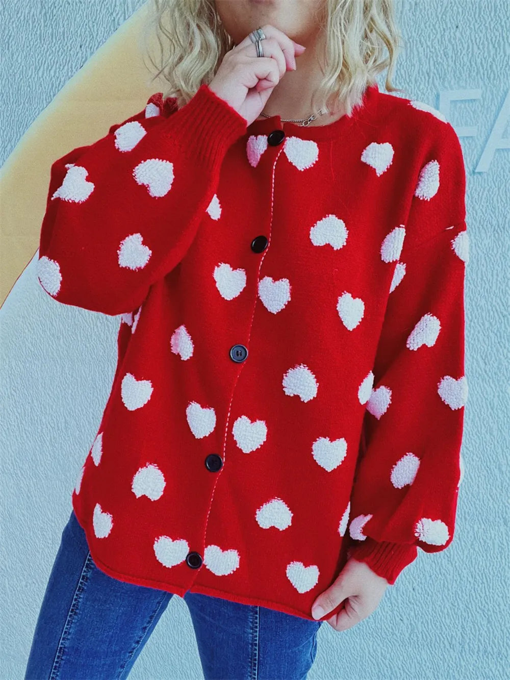 Heart Button Up Long Sleeve Cardigan Deep Red One Size - Fashorio