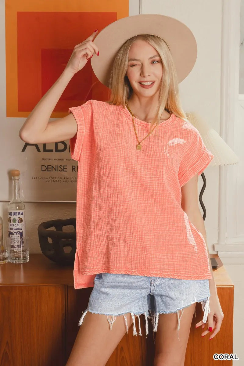 Zenana Woven Double Gauze Acid Washed Short Sleeve Top CORAL - Fashorio