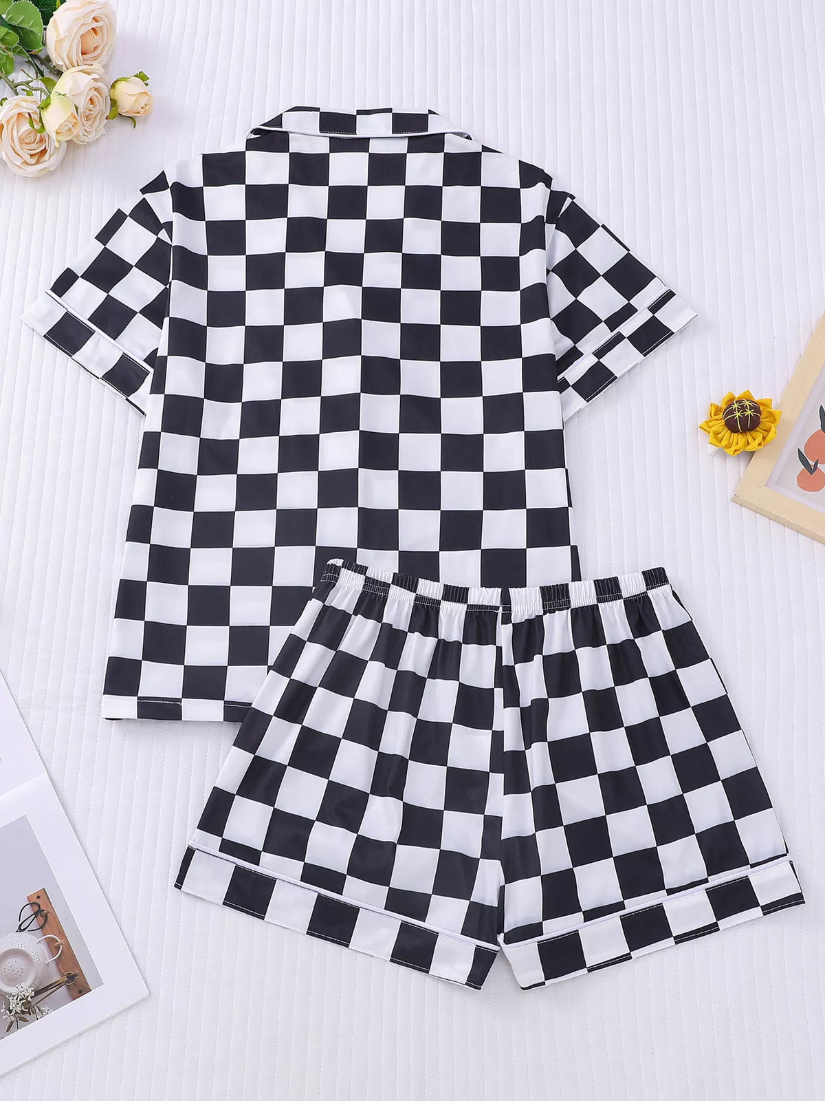 Checkered Print Button Up and Shorts Two Piece Set, view 9