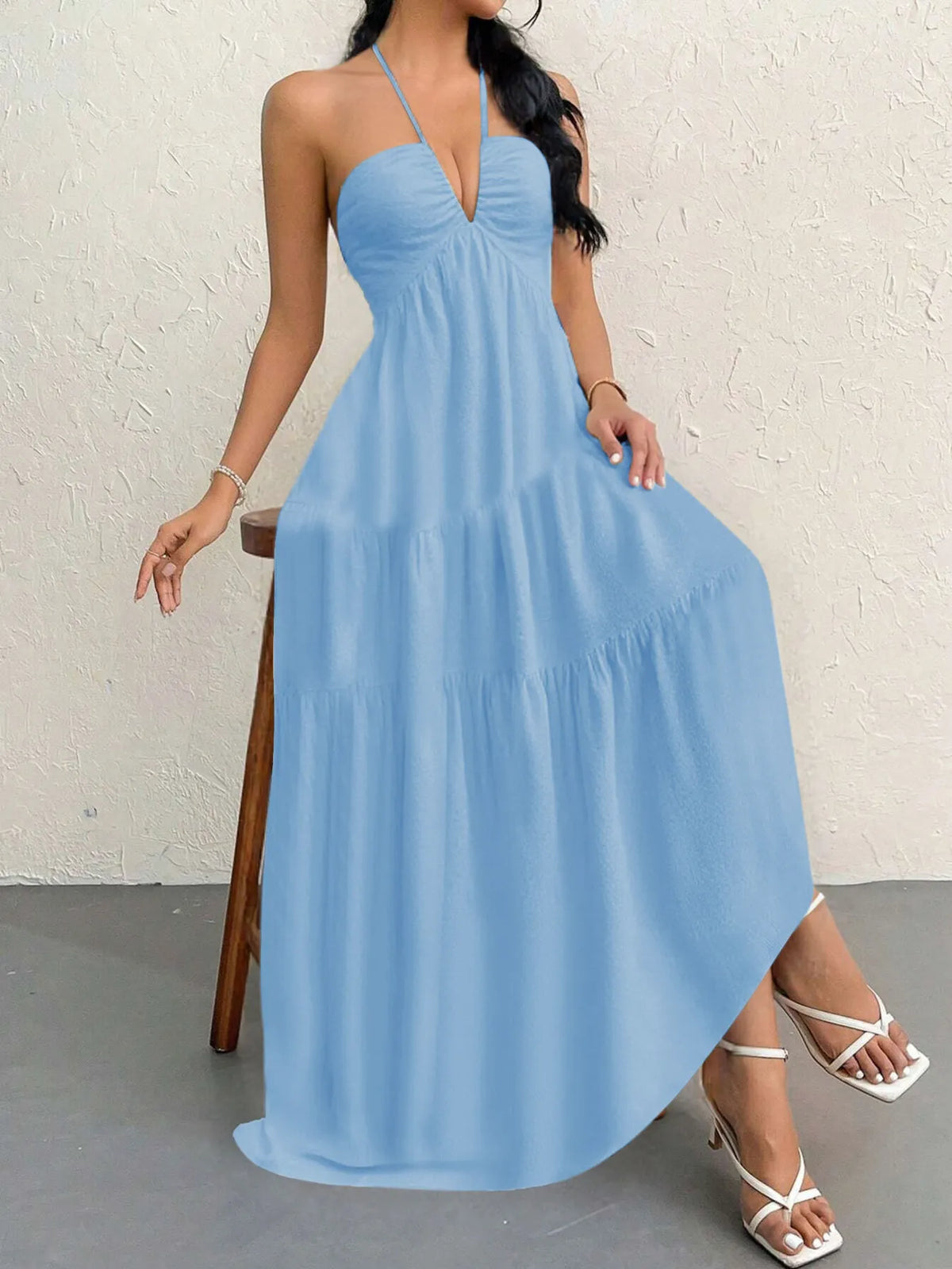 halter neck tiered backless maxi dress studio shot
