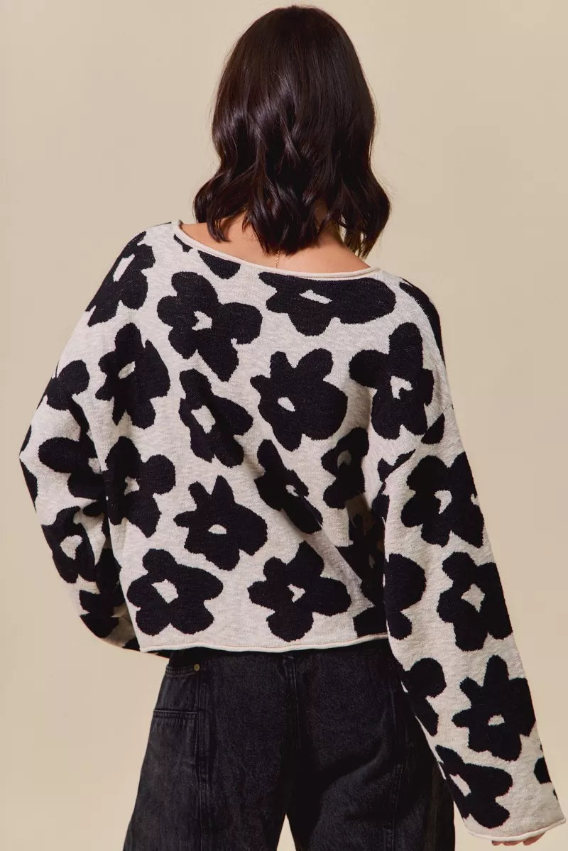 Floral Loose Fit Lightweight Sweater Top in Black and Oatmeal view 7