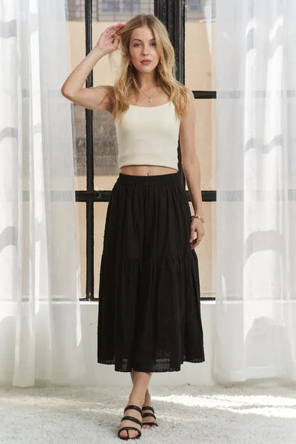 ADORA Elastic Waistband Tiered Midi Skirt BLACK - Fashorio