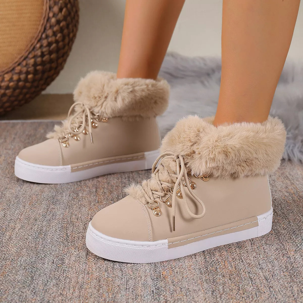 Fur lined round toe platform boots back heel view