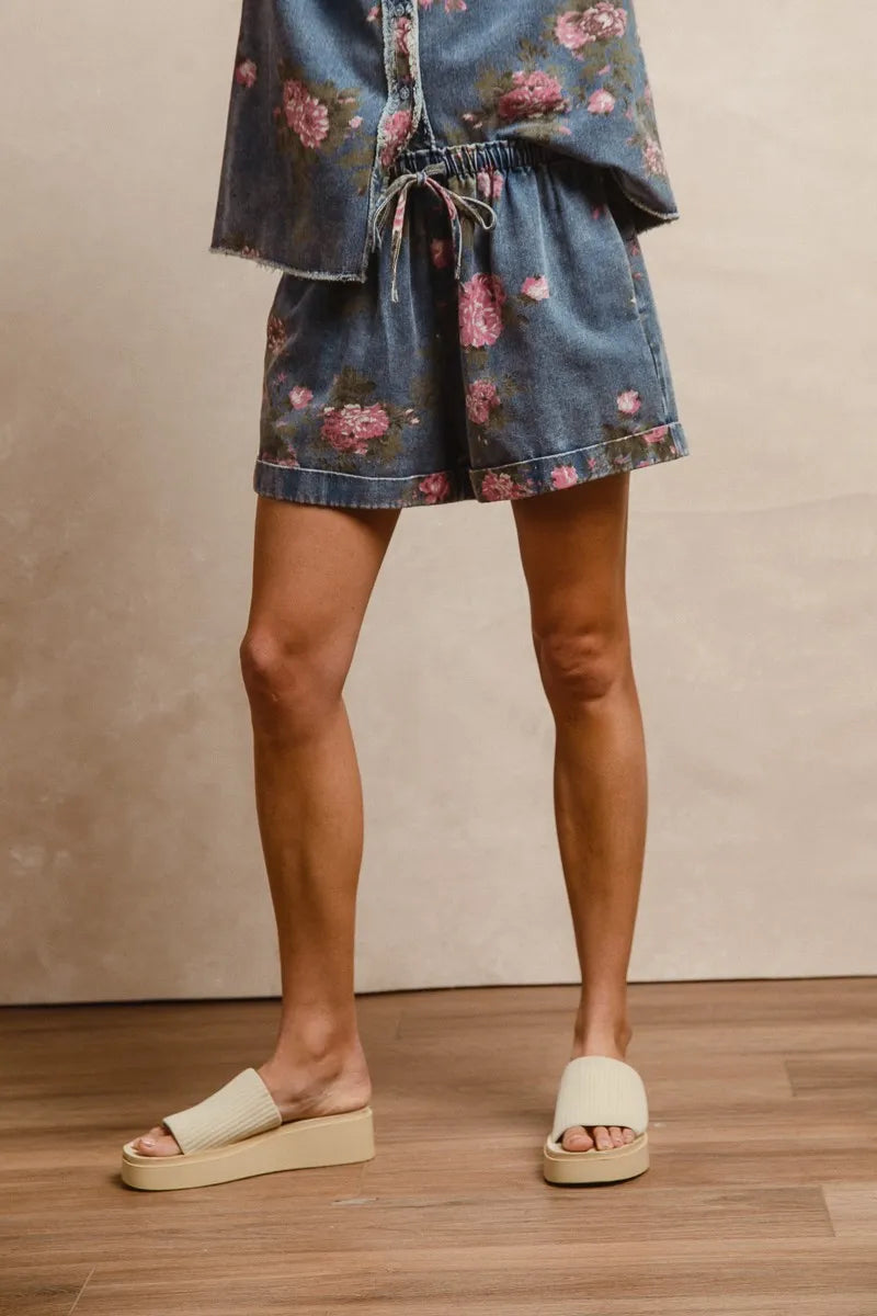 BiBi Floral Printed Denim Short Pants With Pocket - Fashorio