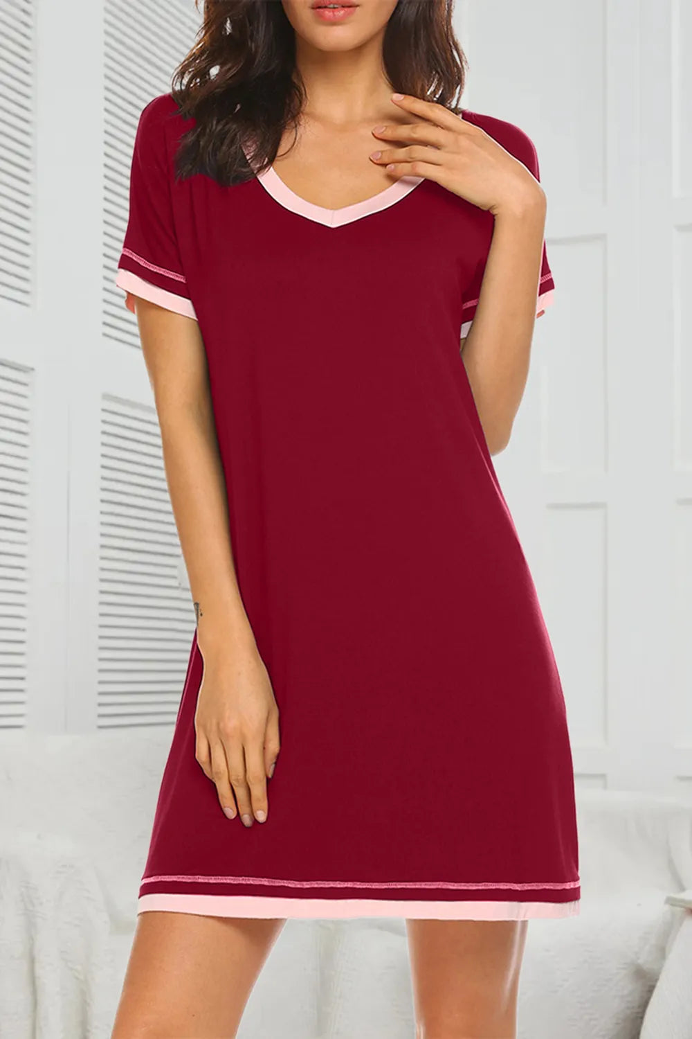 Contrast Trim Short Sleeve Lounge Dress Burgundy - Fashorio