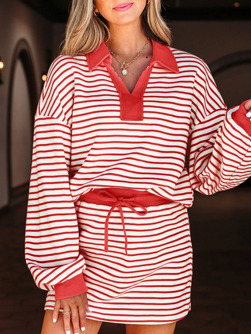Stripe drop shoulder pullover and skort two piece set front view