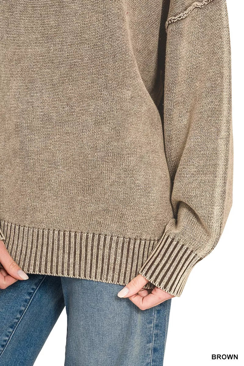 Model wearing cozy brown oversized V neck sweater
