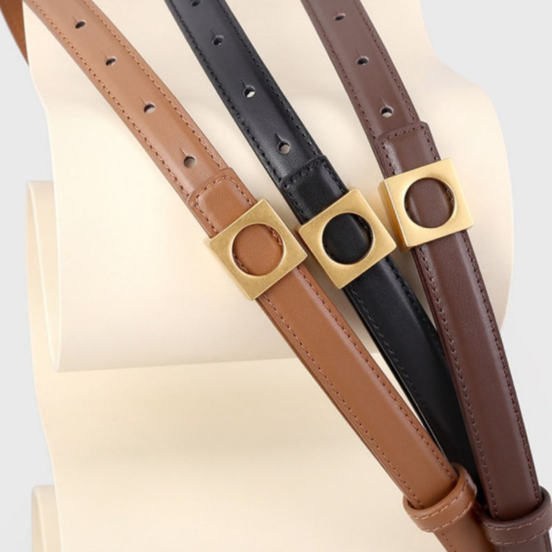 Square buckle skinny leather belt coiled