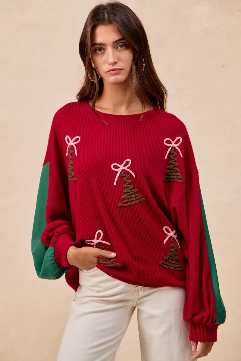 Embroidered Christmas Tree Sweater in Red view 12