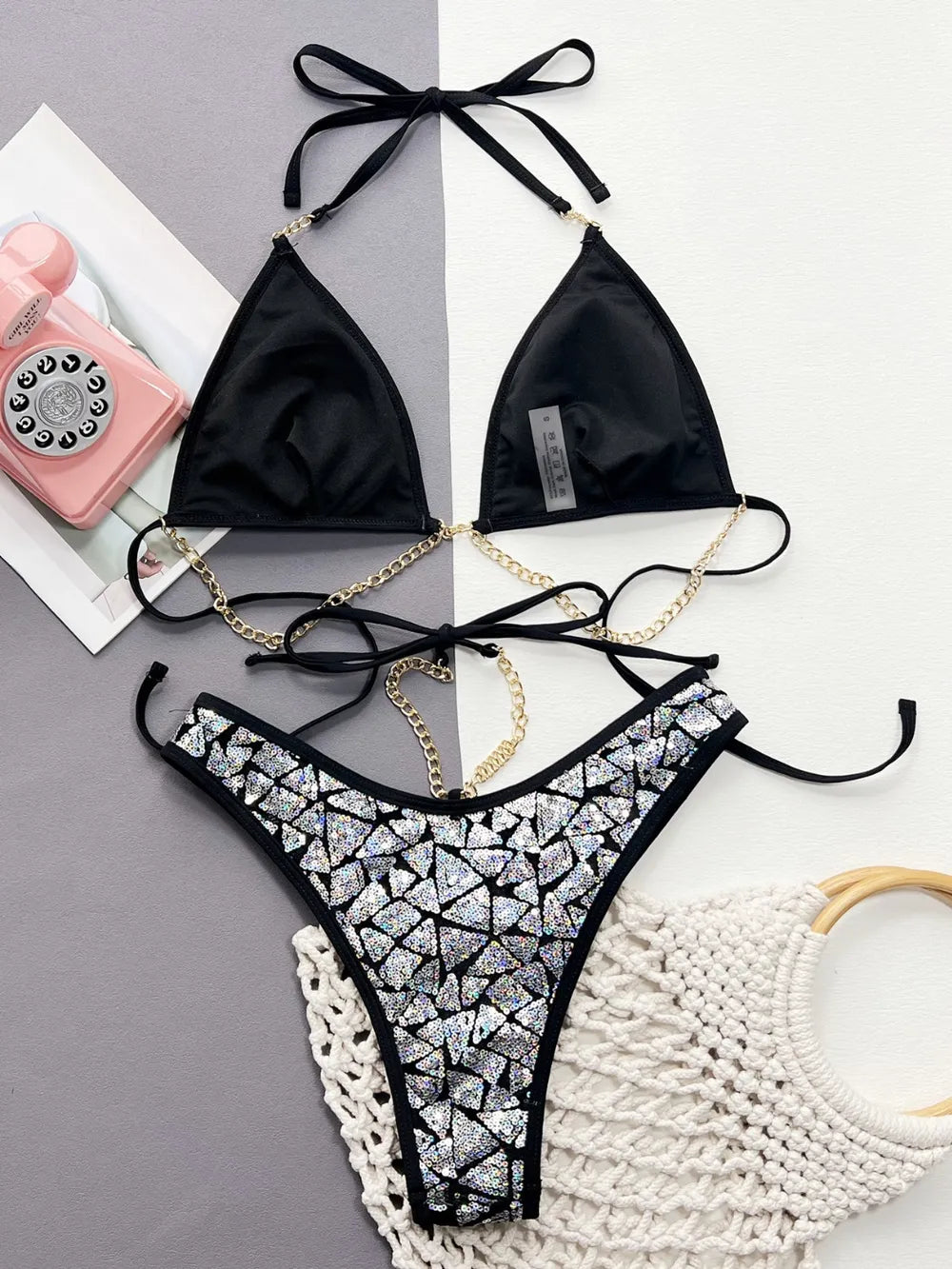 Sequin Halter Neck Two Piece Bikini Set detail
