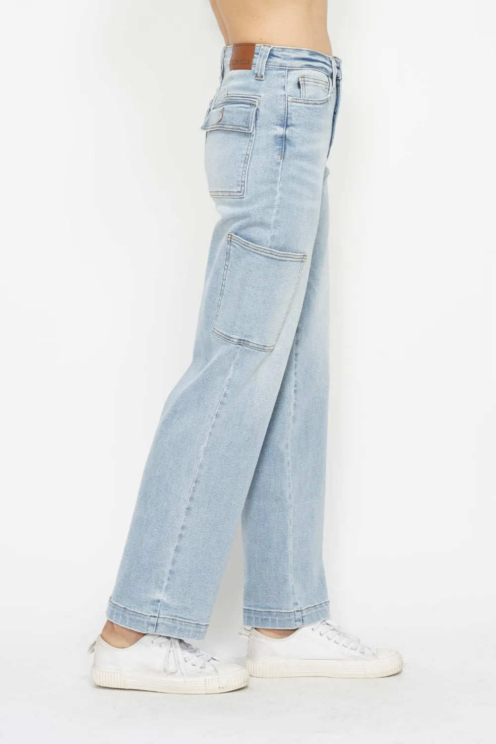 Straight leg cargo jeans shown from the side with pocket detail