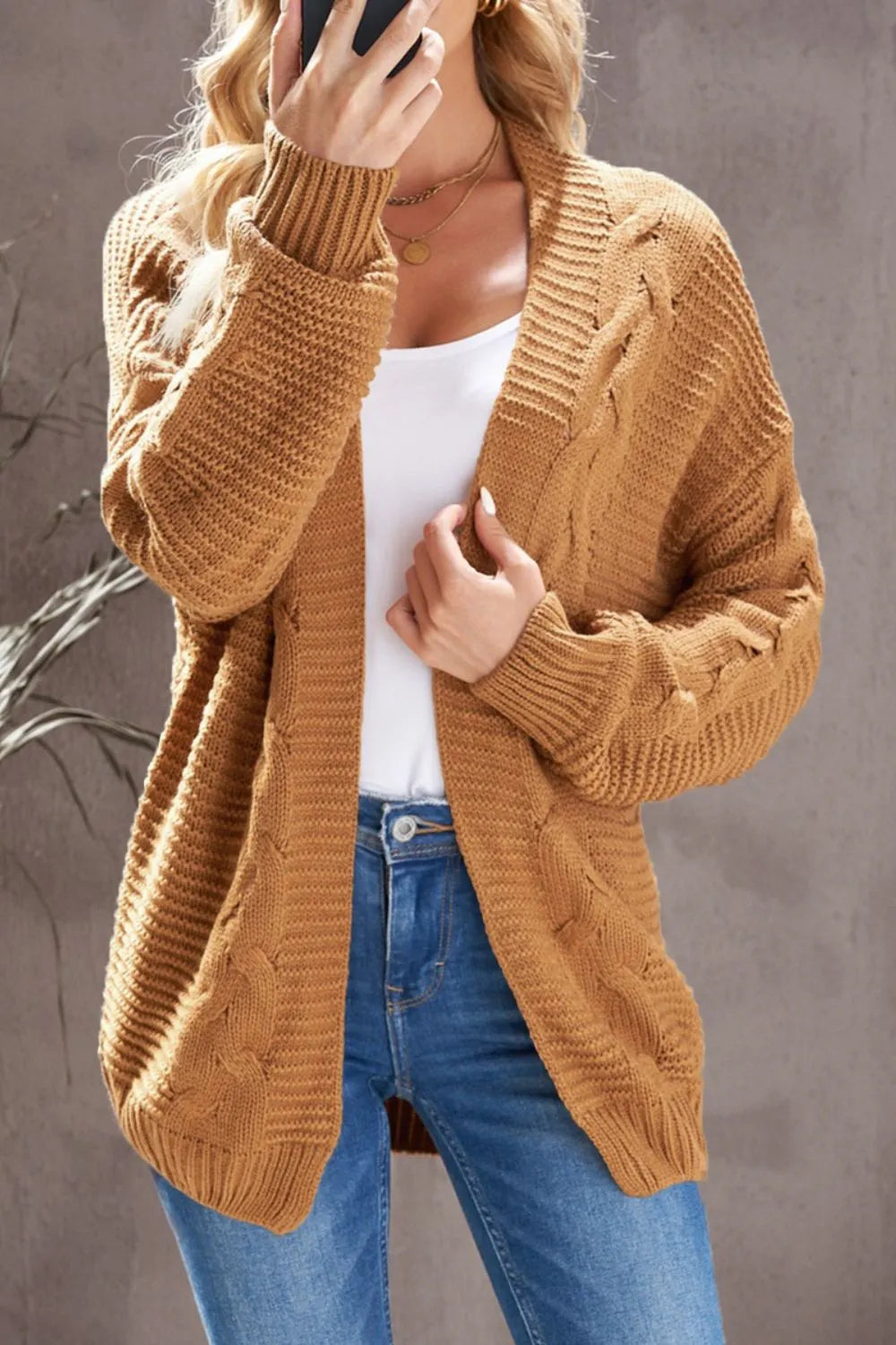 Cable-Knit Open Front Cardigan - Fashorio