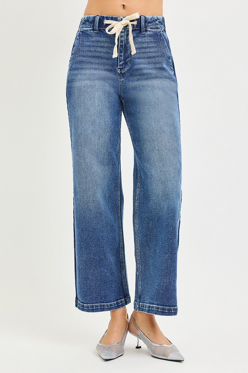 RISEN medium wash drawstring wide leg jeans front