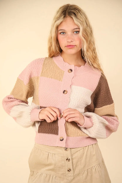 VERY J Color Block Button Down Textured Sweater Cardigan - Fashorio