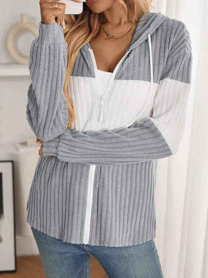 Drawstring Color Block Zip Up Outerwear - Fashorio