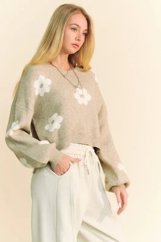 Floral Drop Shoulder Cropped Sweater in Tan side view