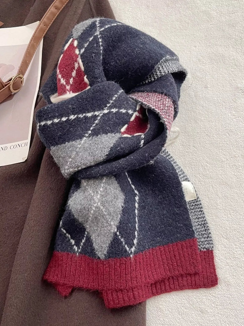Classic argyle knitted winter scarf wrapped around the neck