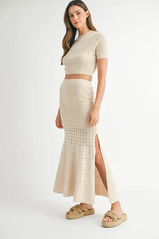 MABLE Pointelle Short Sleeve Crop Top and Slit Skirt Sweater Set - Fashorio