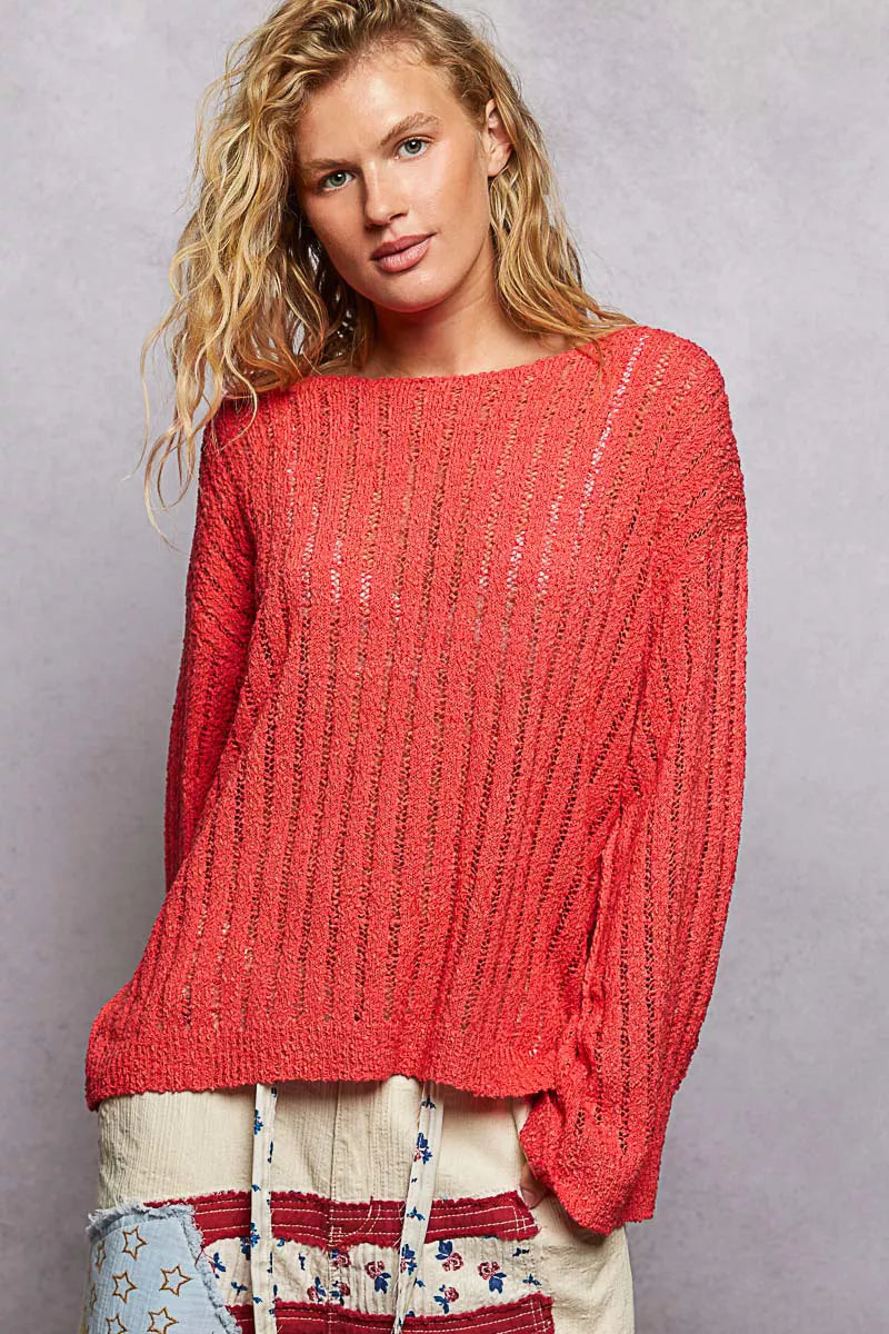 Red open weave round neck pullover sweater front view
