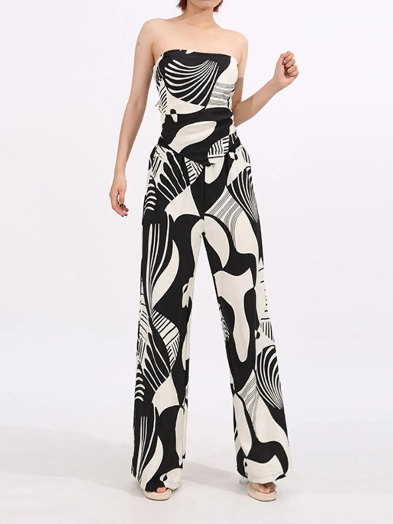 Abstract Print Tube Top and Wide Leg Pants Two-Piece Set - Fashorio