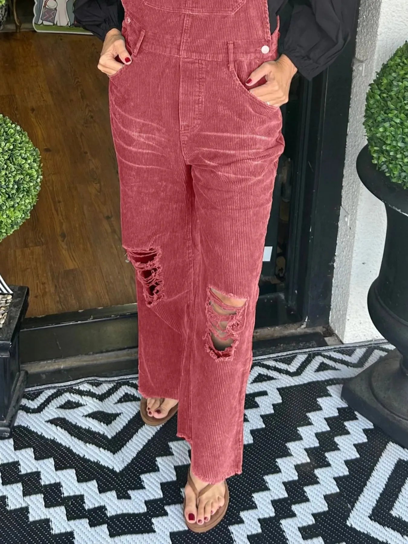 Distressed Wide Leg Corduroy Overalls - Fashorio