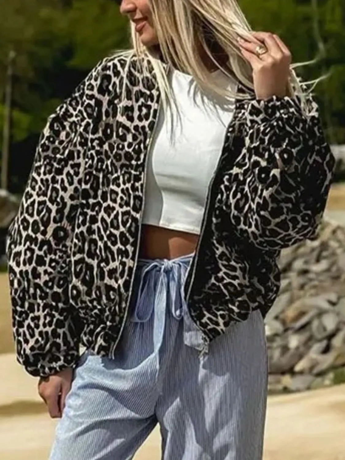 Women’s Leopard Print Oversized Bomber Jacket Leopard print - Fashorio
