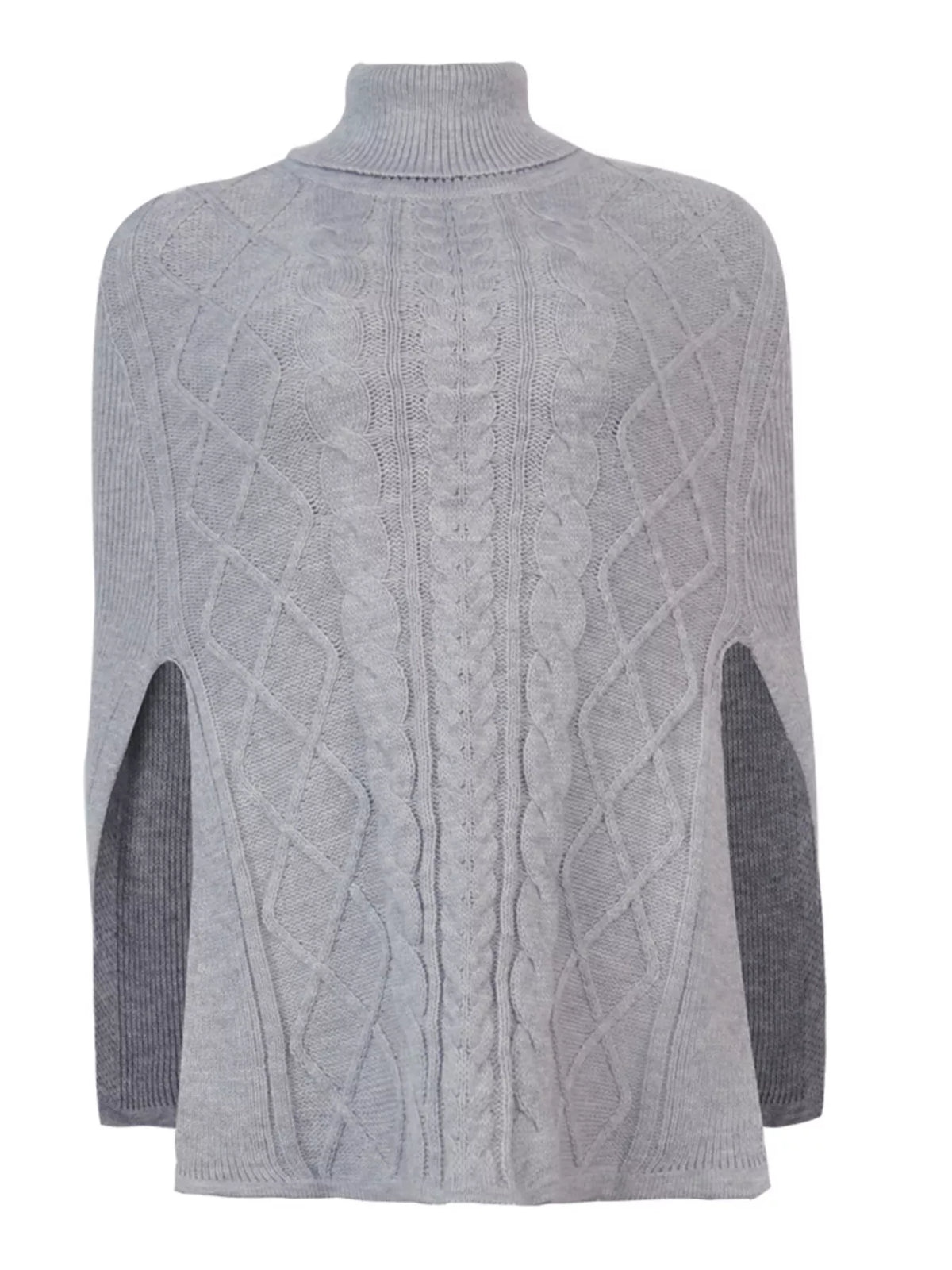 Chunky cable knit turtleneck poncho knit detail view