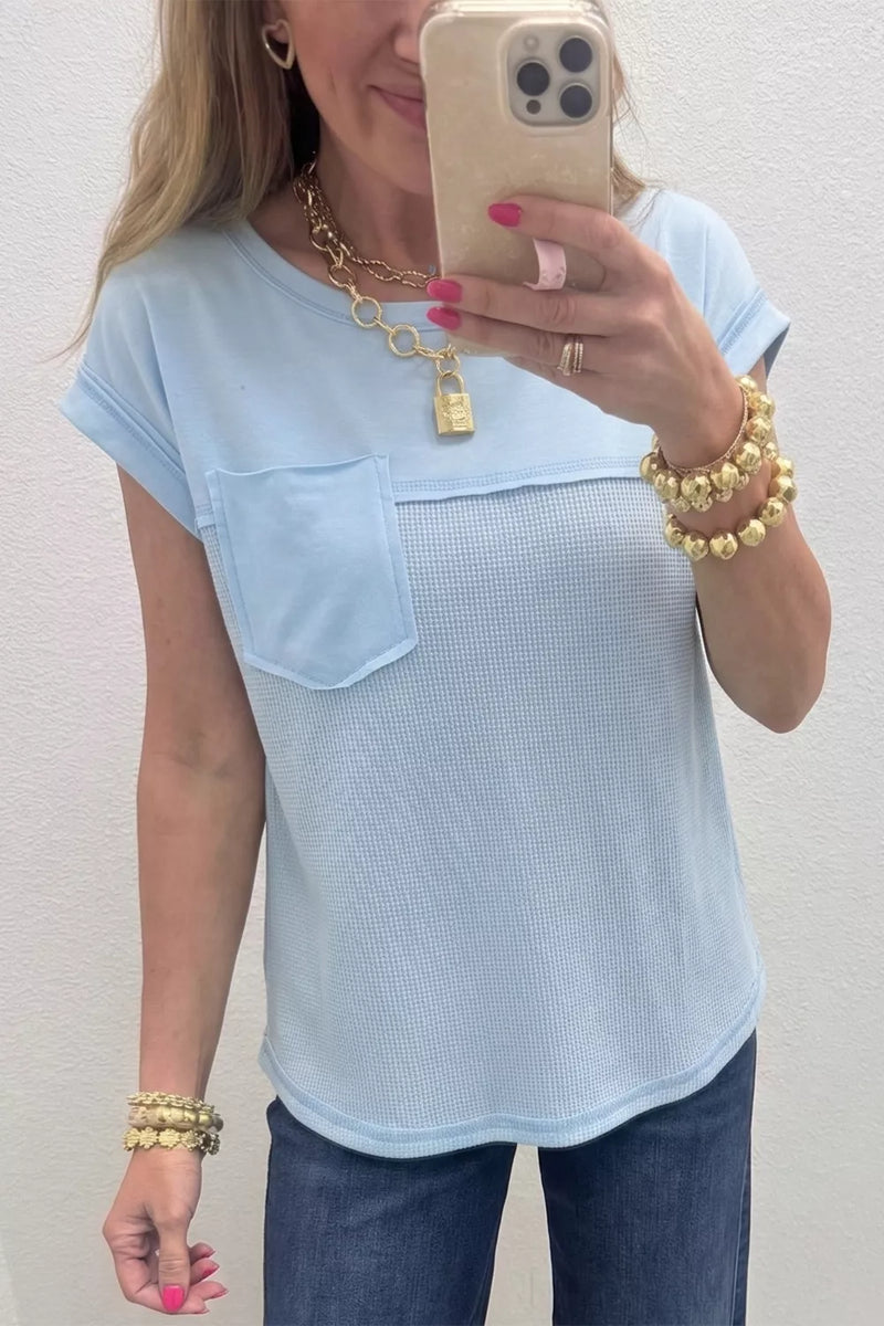 Light blue waffle knit pocket tee front view