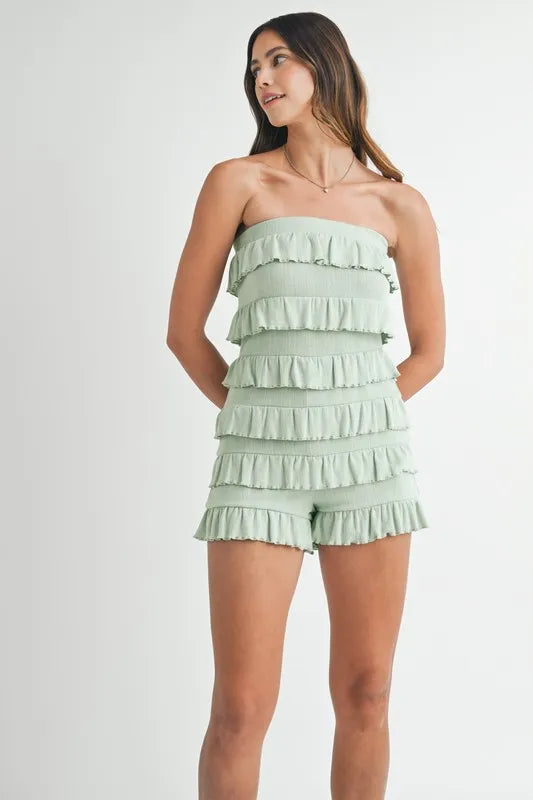 Pointelle Knit Fabric Ruffled Tube Romper back view