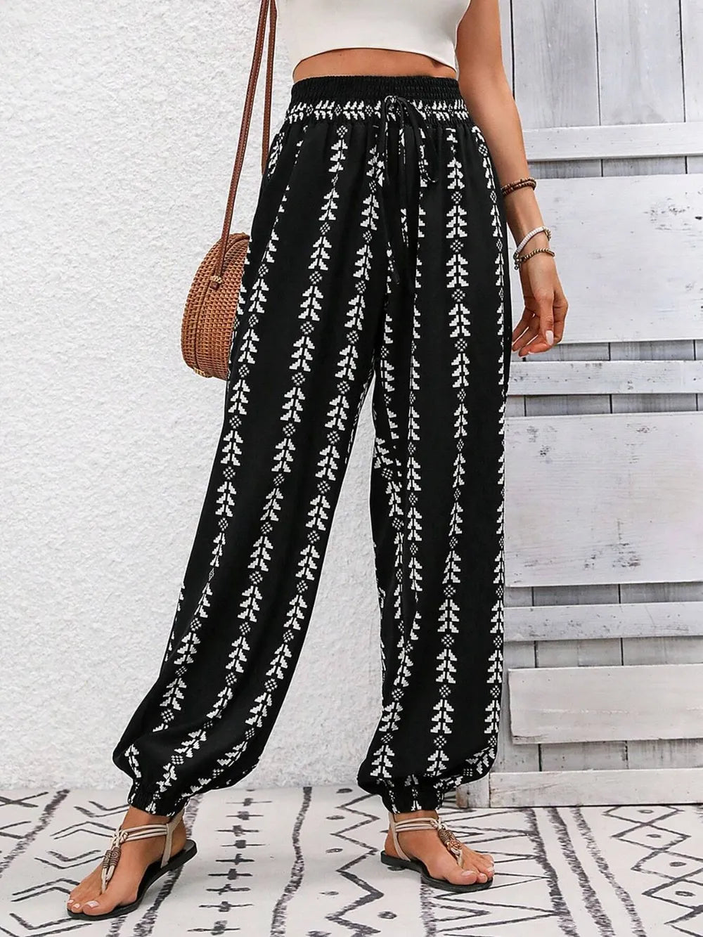 Tie waist printed high waist pants cerulean colorway