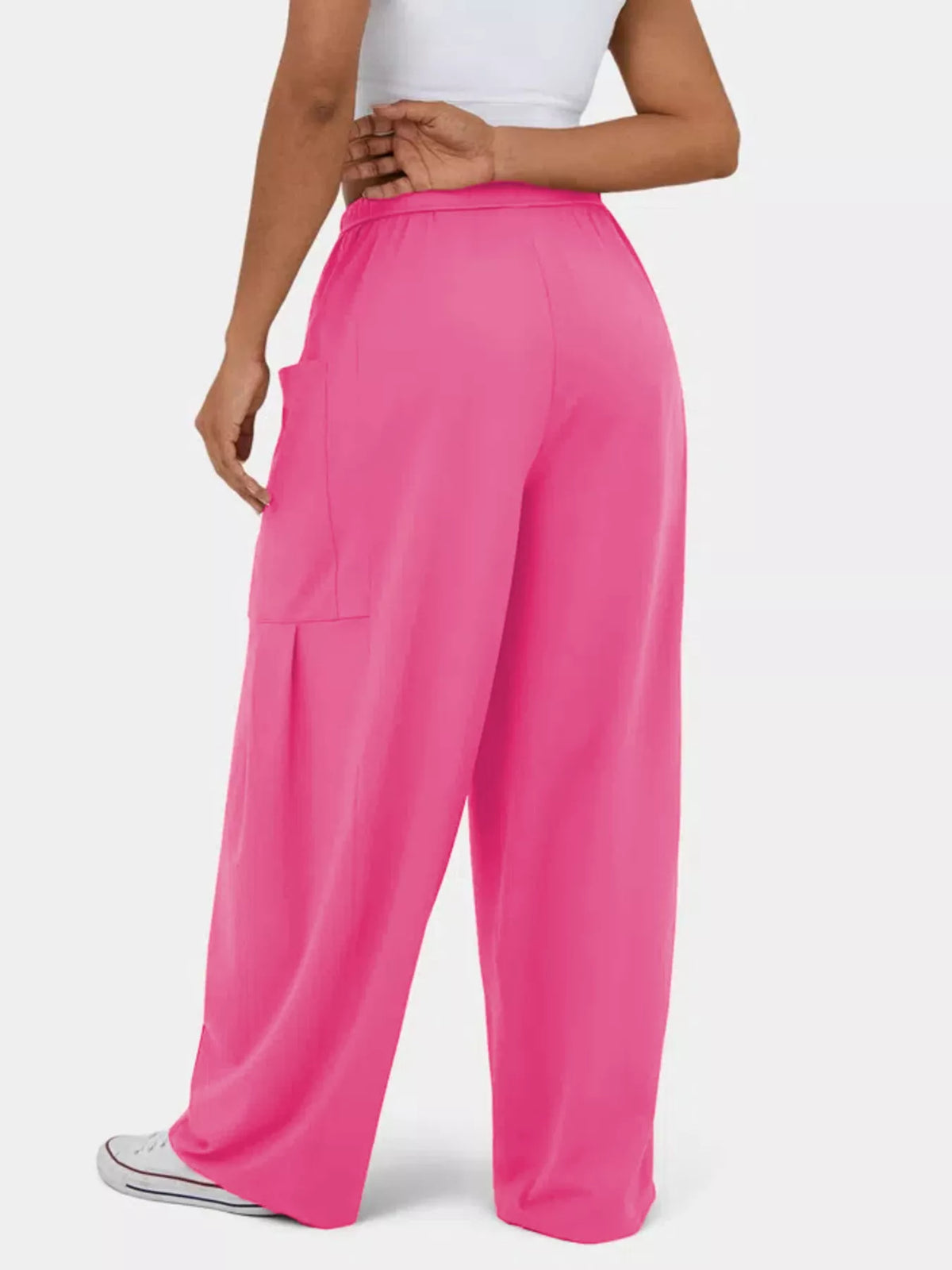 High waisted wide leg drawstring pants close up view