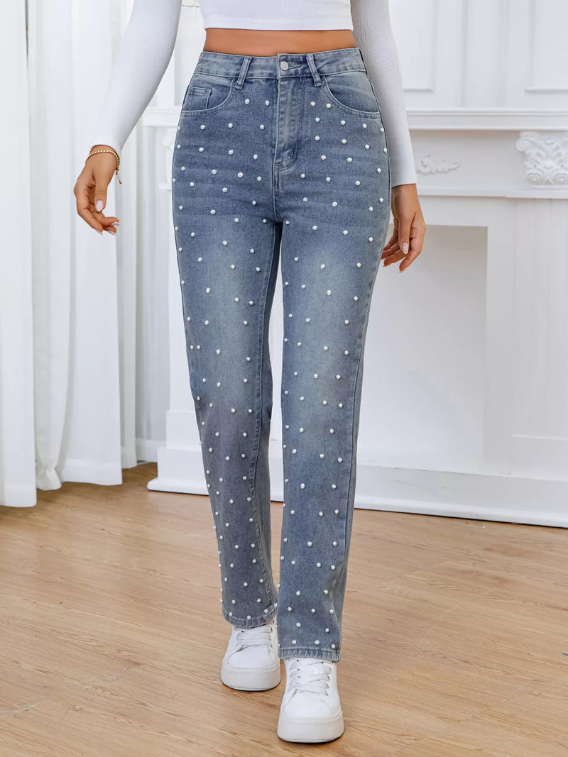 Sea blue pearl embellished straight jeans front
