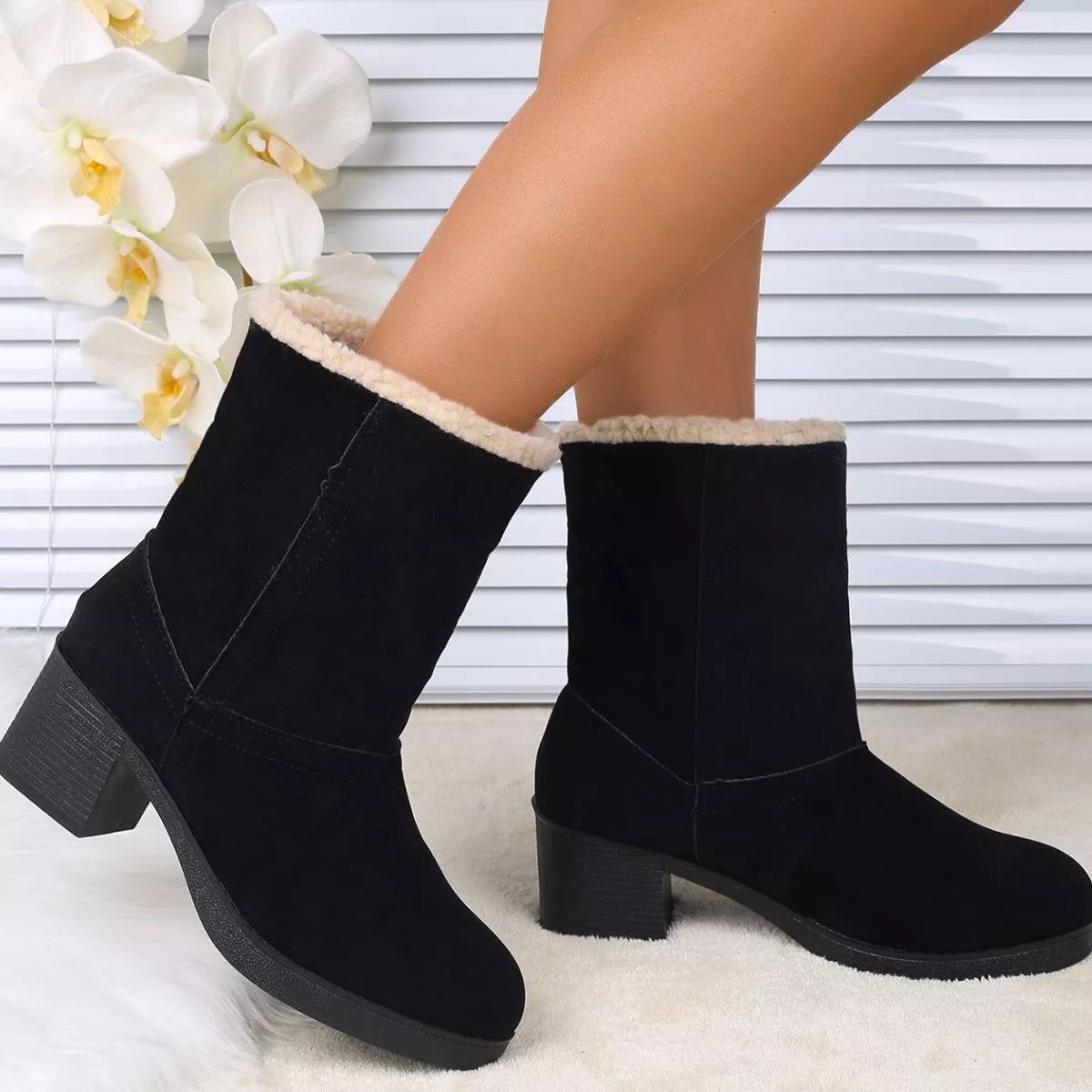 Plush Cuff Block Heel Boots styled with a dress
