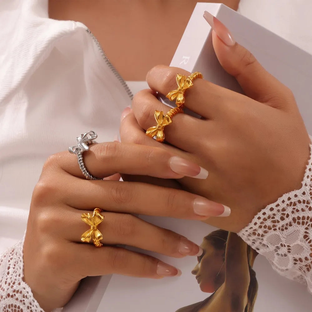 Close up of twisted bow ring