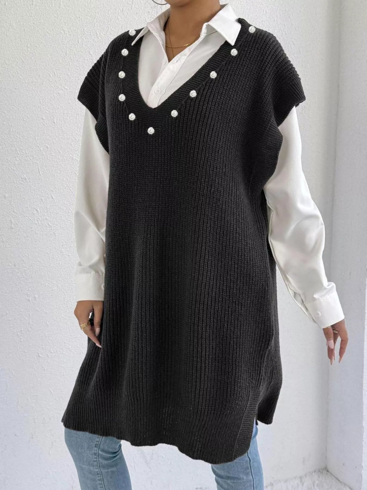 slit v neck sweater dress neckline detail