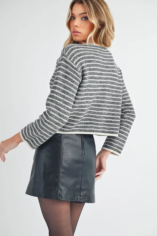 Aemi + Co Striped Button Down Round Neck Cardigan - Fashorio
