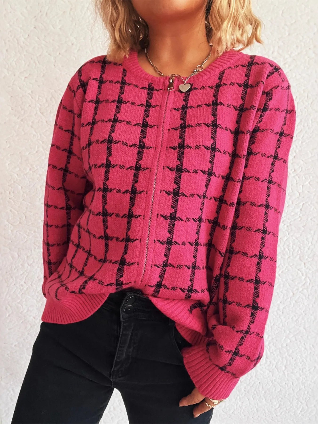 Plaid Pattern Zip Up Cardigan - Fashorio